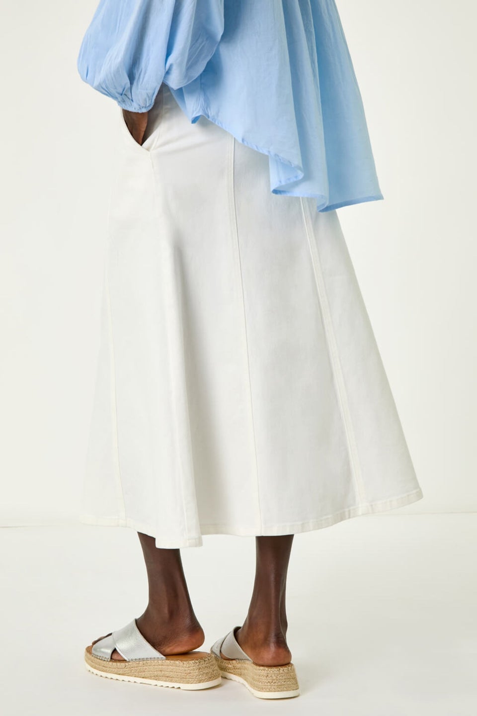 Roman White Cotton Denim Panelled Midi Skirt