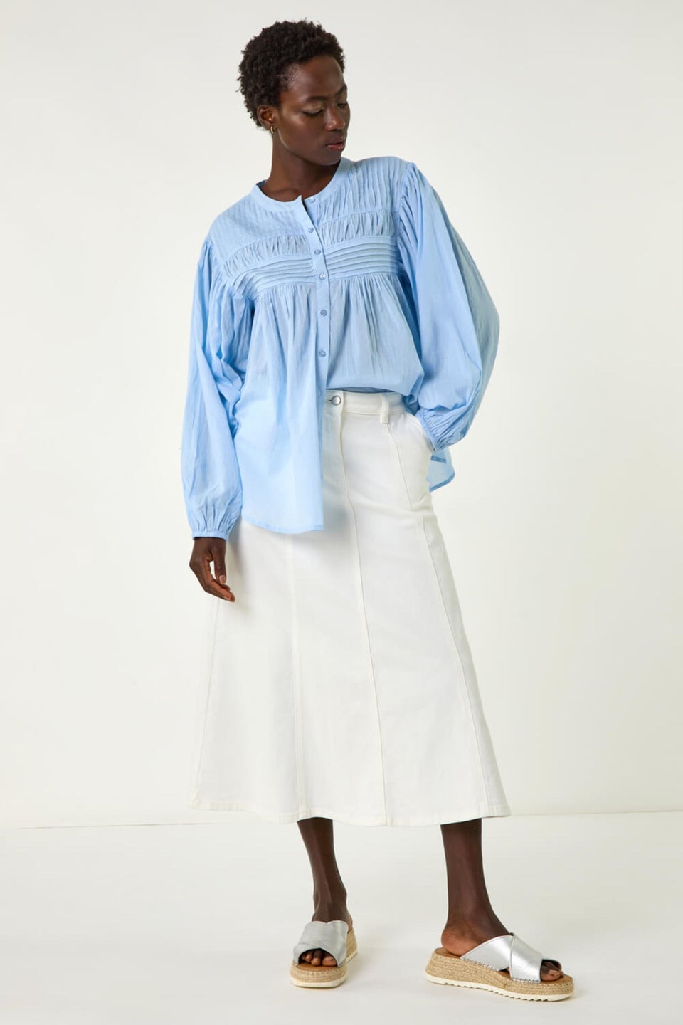 Roman White Cotton Denim Panelled Midi Skirt