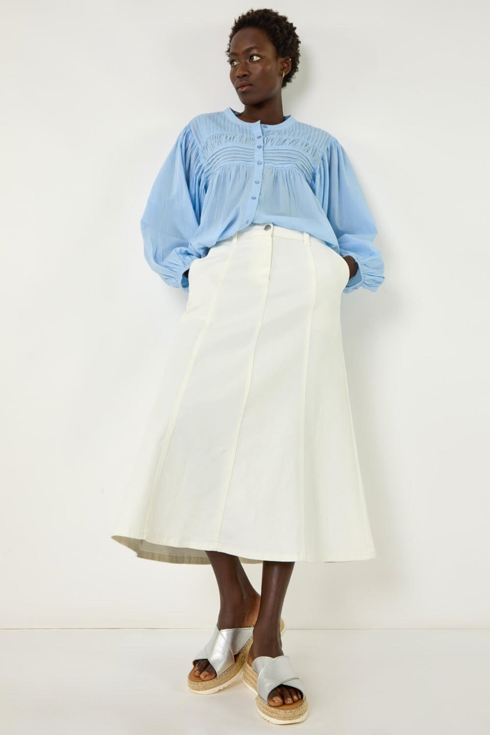 Roman White Cotton Denim Panelled Midi Skirt