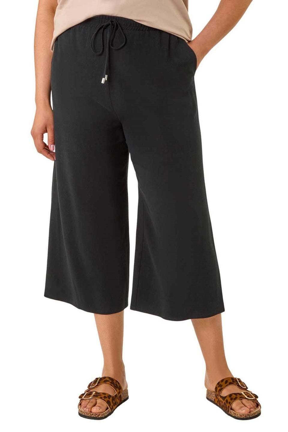 Roman Black Curve Linen Mix Cropped Trousers