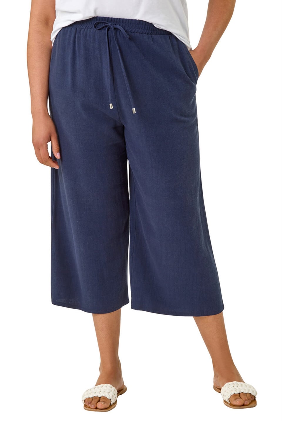 Roman Navy Curve Linen Mix Cropped Trousers
