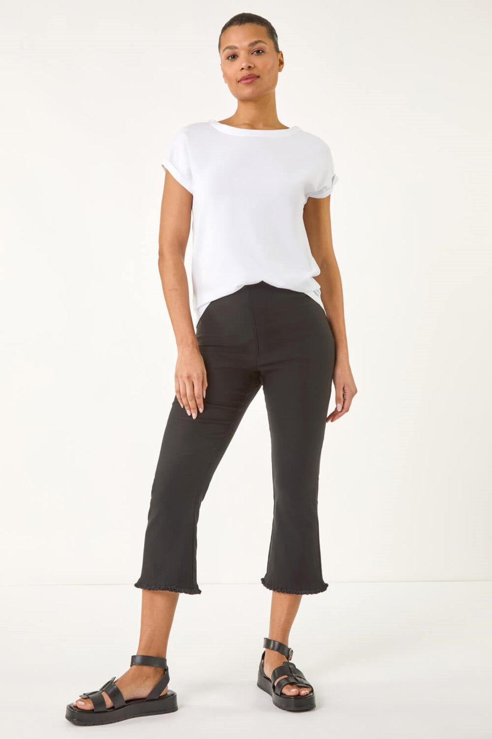Roman Black Trim Flared Cropped Stretch Trousers