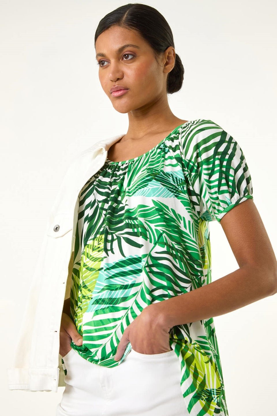 Roman Green Leaf Asymmetric Stretch Tunic Top