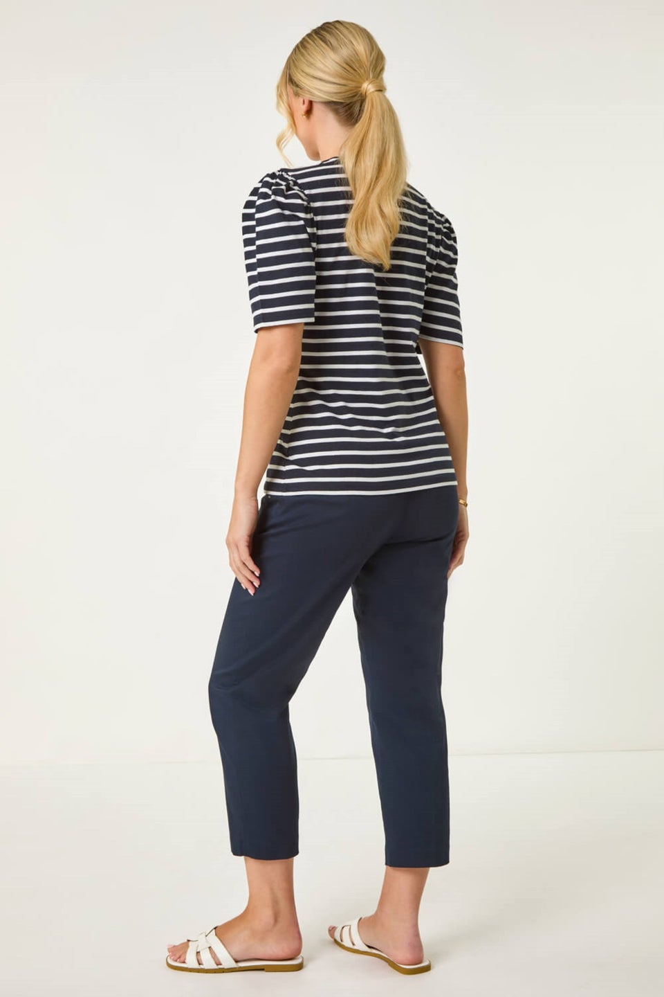 Roman Navy Petite Stripe Ruched Top