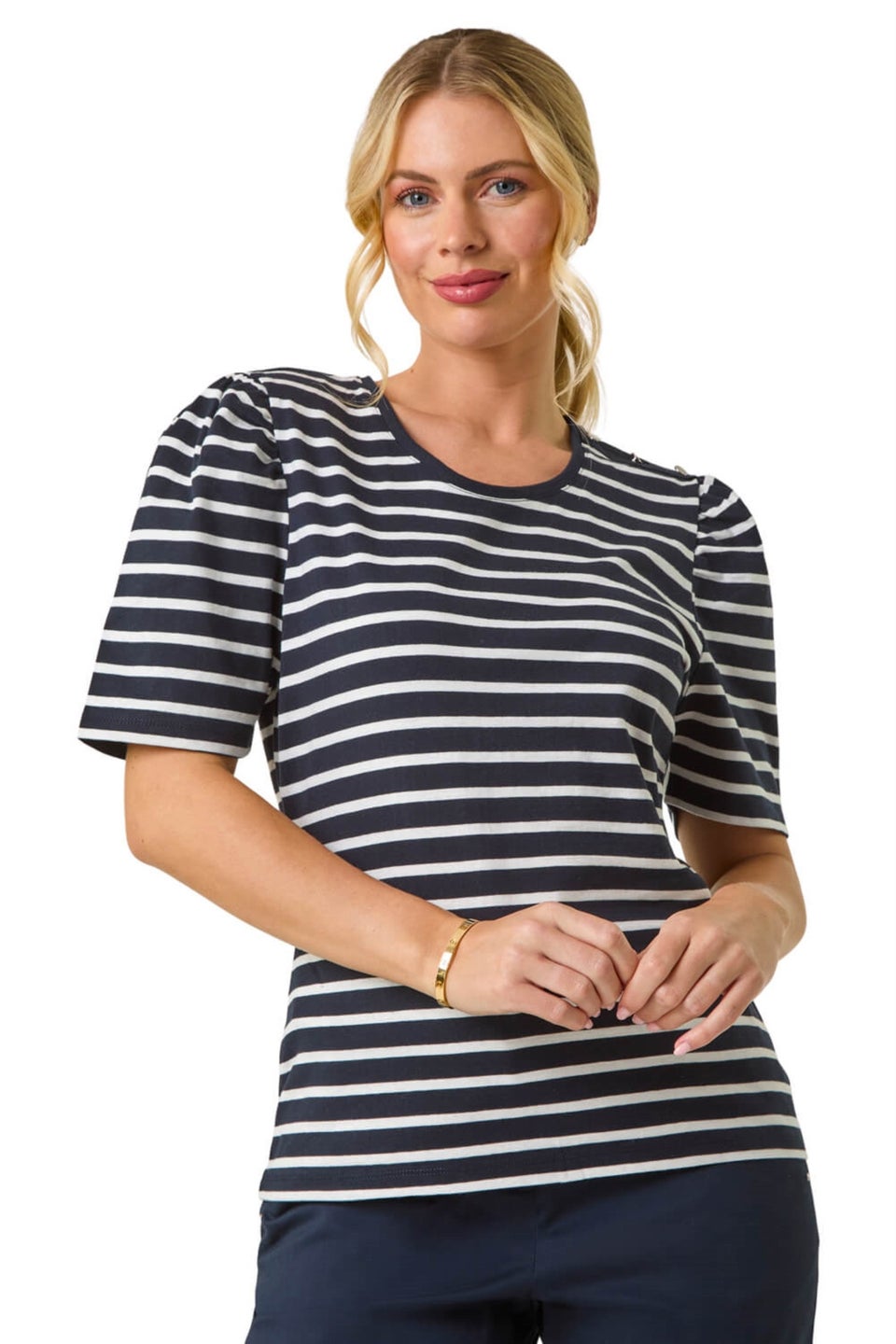 Roman Navy Petite Stripe Ruched Top