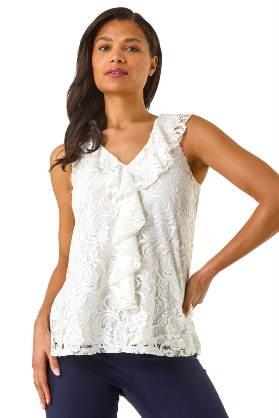Roman Ivory Lace V Neck Ruffle Front Top