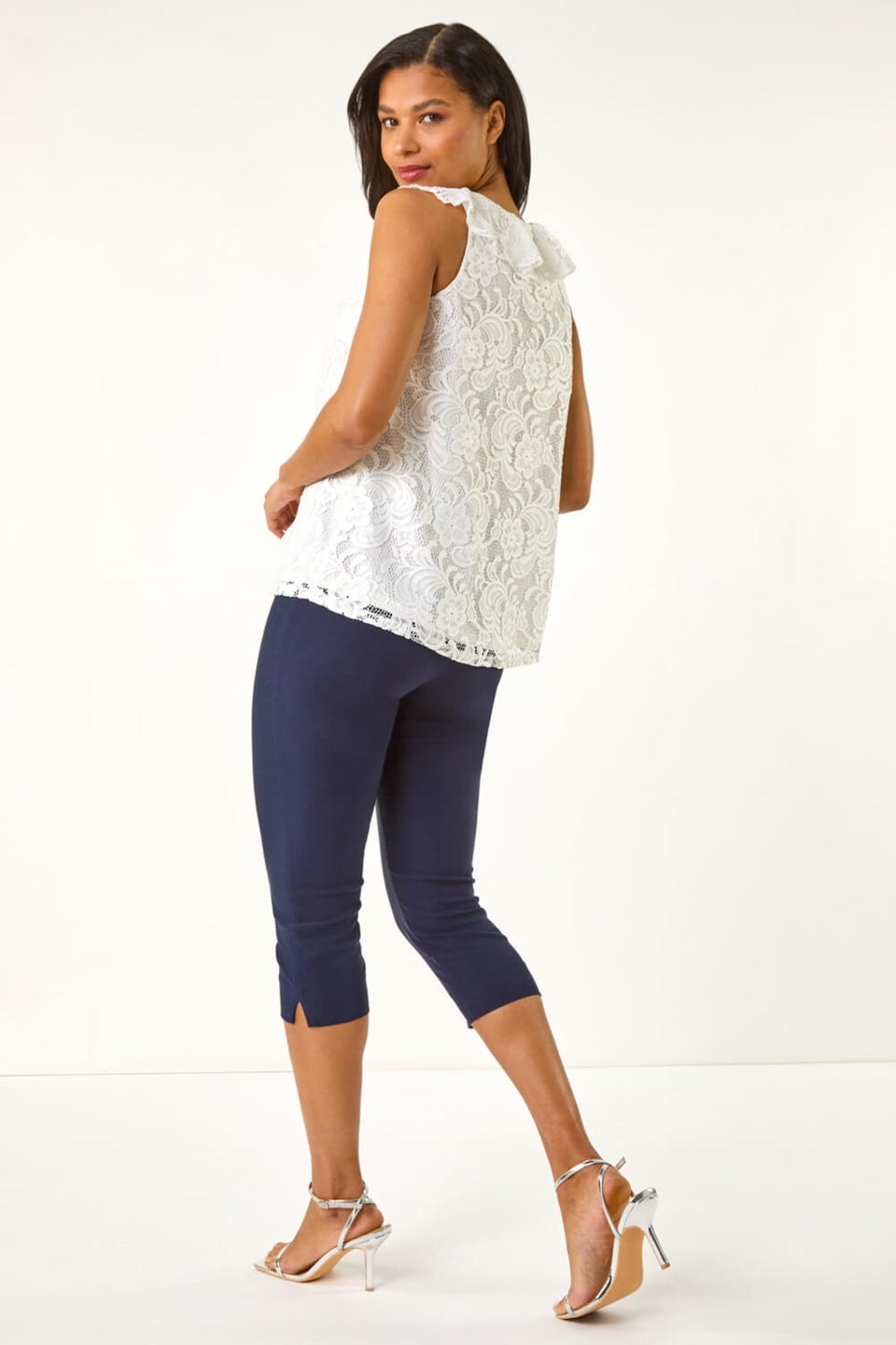 Roman Ivory Lace V Neck Ruffle Front Top