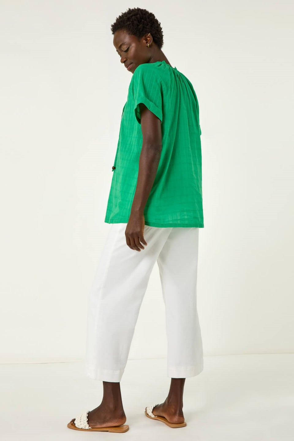 Roman Green Textured Tie V Neck Top