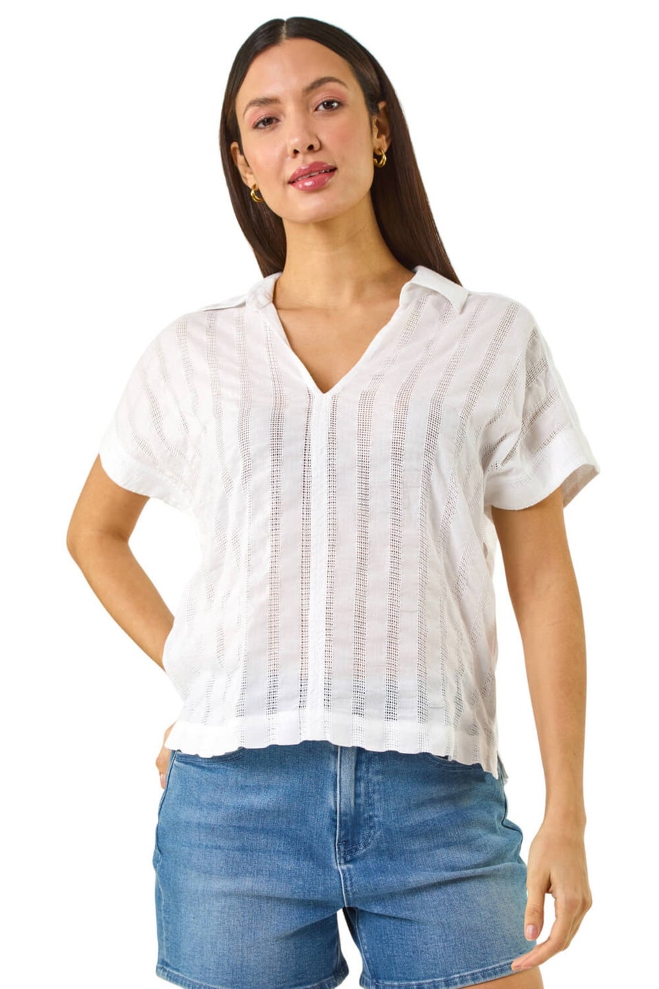 Roman Ivory Textured Collar V Neck Top