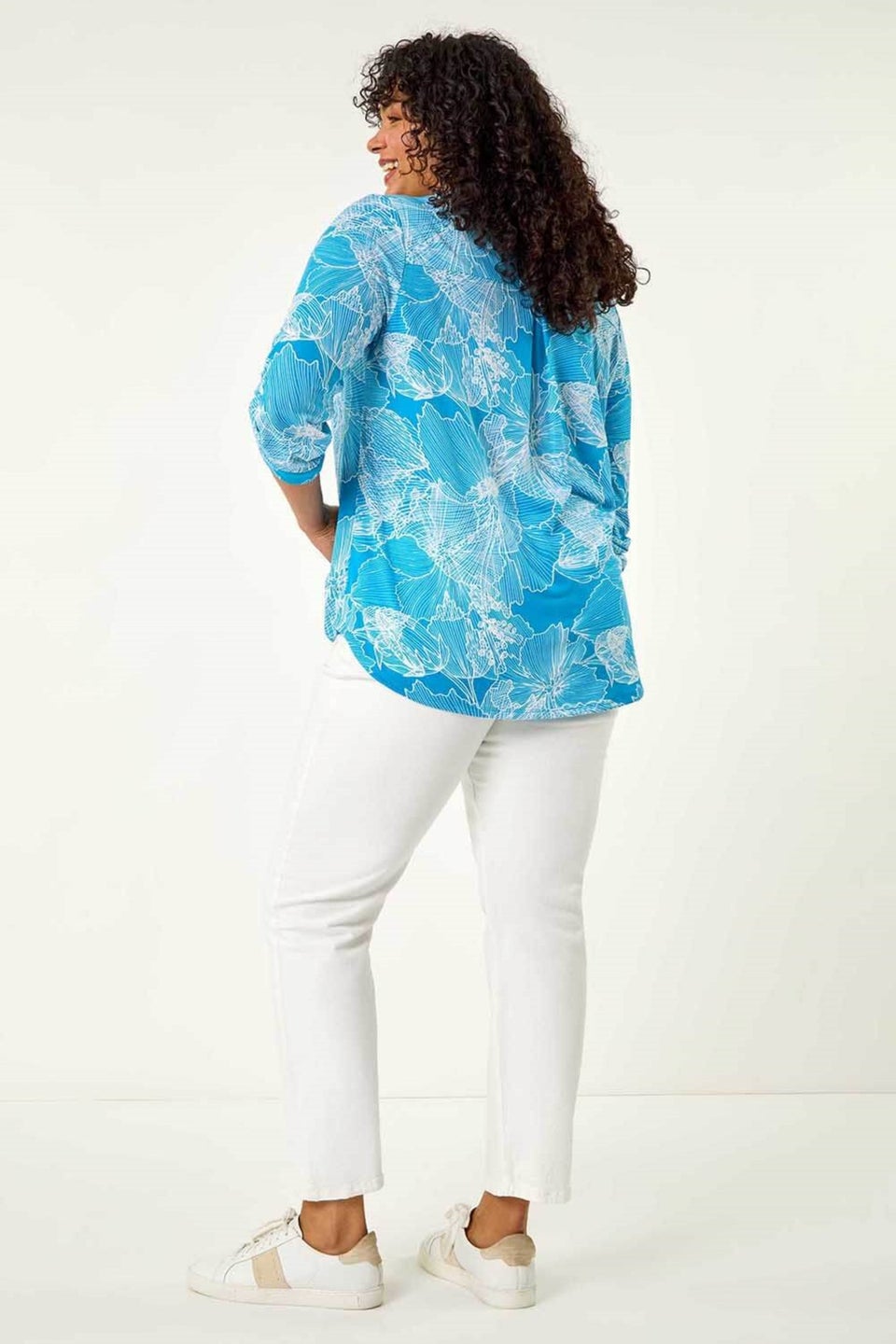 Roman Turquoise Curve Textured Floral Print V Neck Shirt