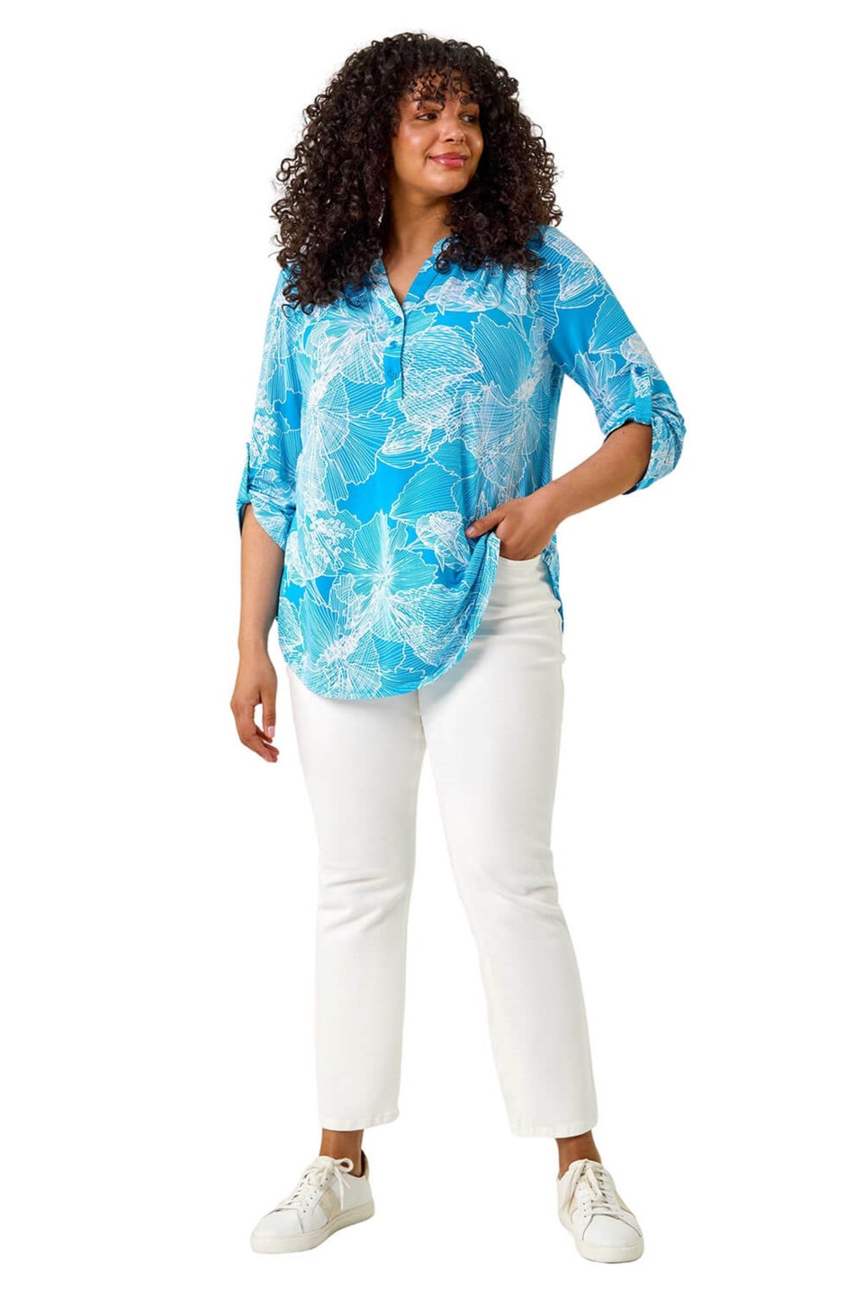 Roman Turquoise Curve Textured Floral Print V Neck Shirt