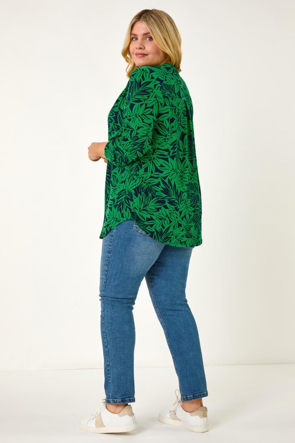 Roman Green Curve Leaf Print Button Stretch Shirt
