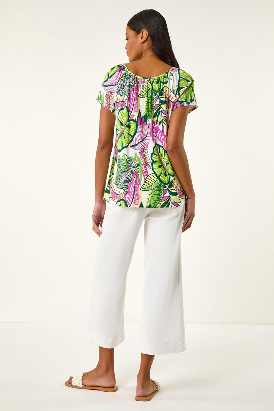 Roman Pink Leaf Print V Neck Stretch Top