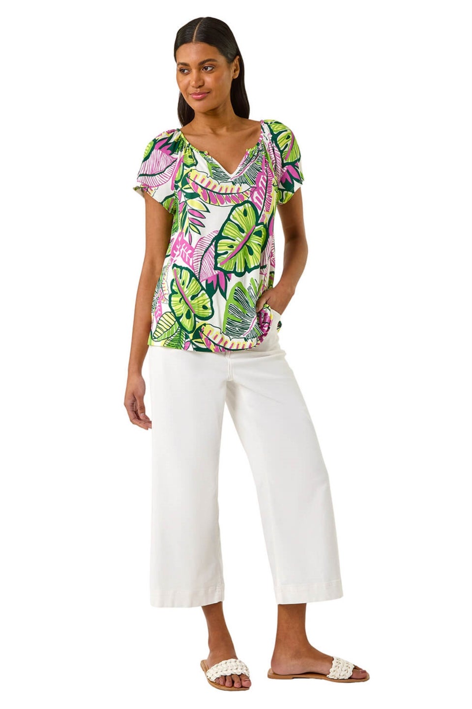 Roman Pink Leaf Print V Neck Stretch Top