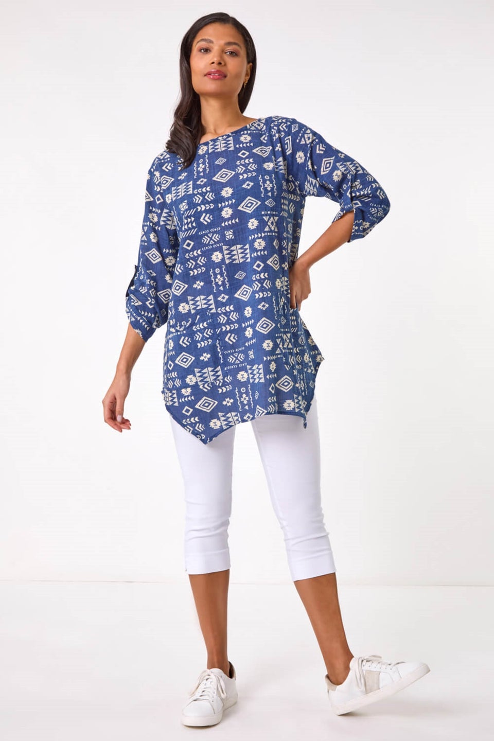 Roman Navy Longline Print Tunic Top