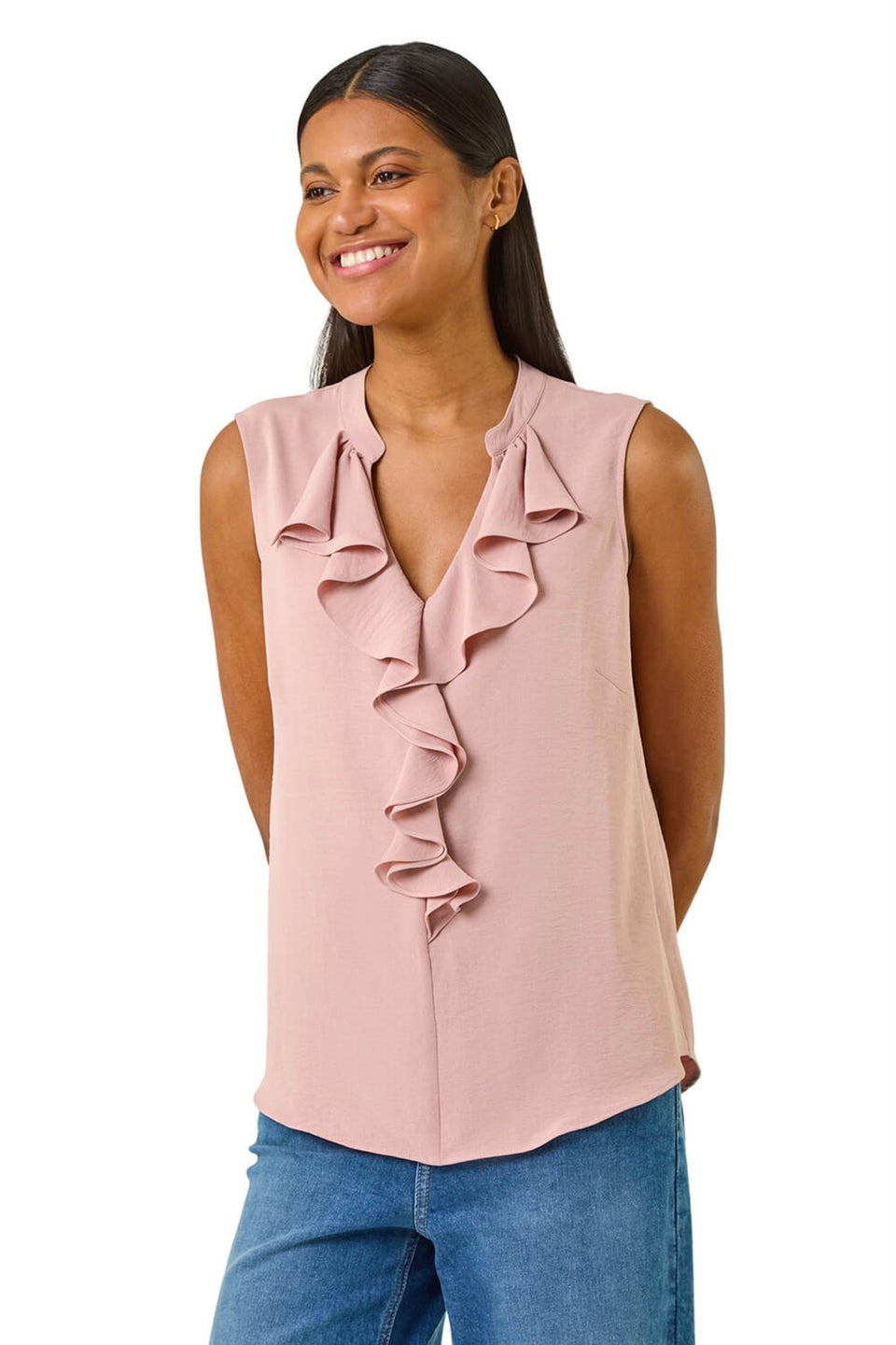 Roman Light Pink Ruffle V Neck Vest Top