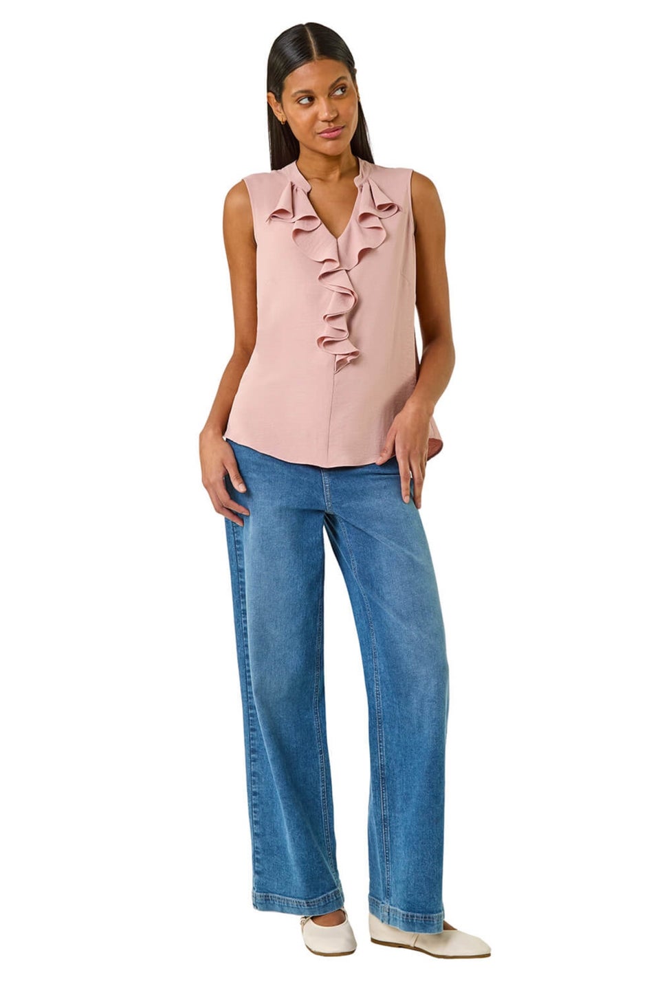 Roman Light Pink Ruffle V Neck Vest Top