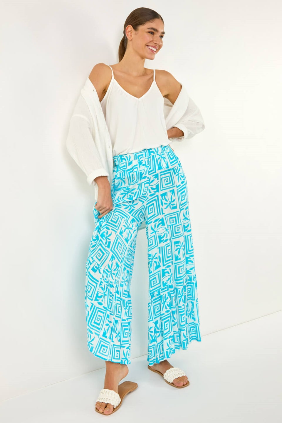 Roman Turquoise Palm Tile Print Tiered Palazzo Trouser