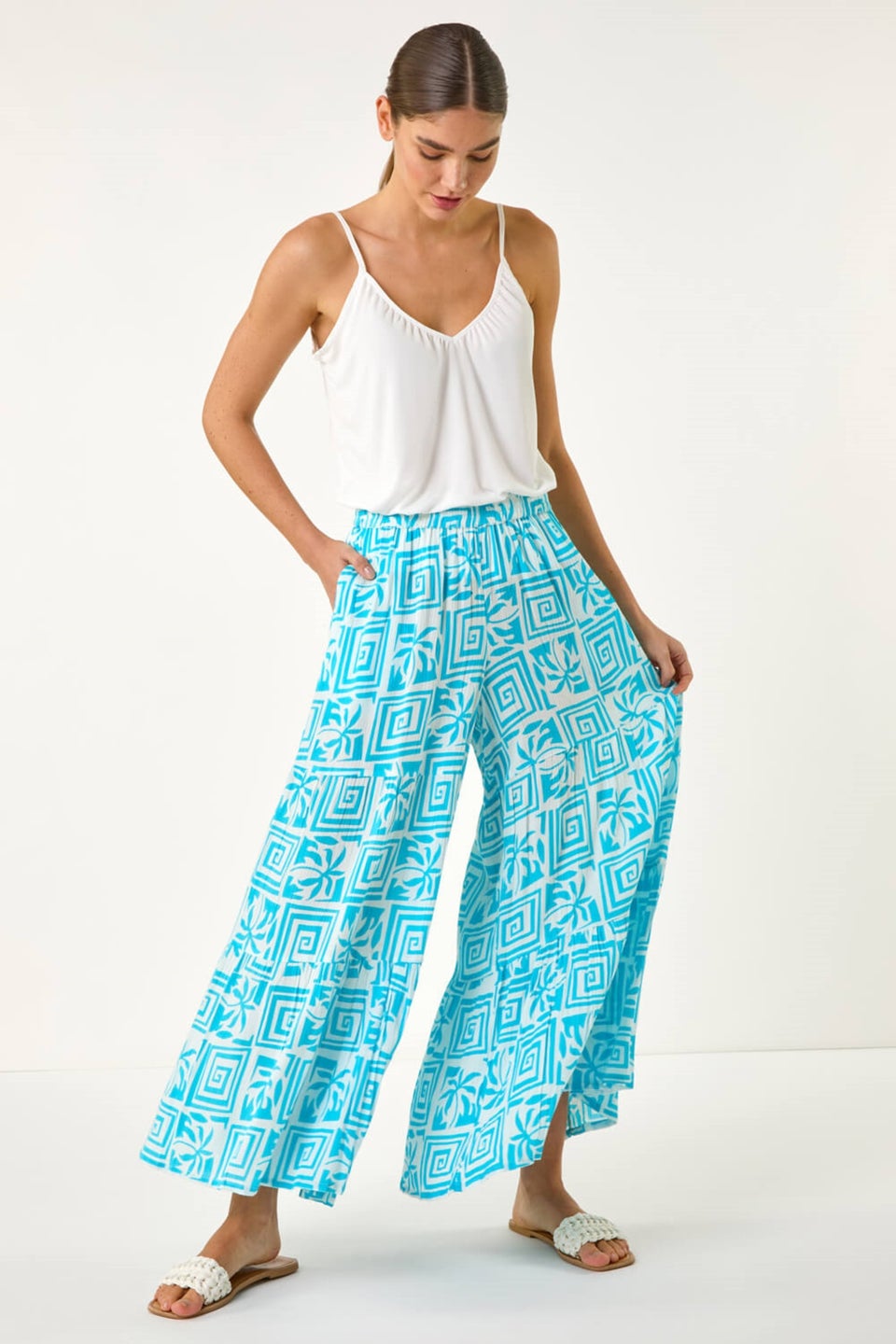 Roman Turquoise Palm Tile Print Tiered Palazzo Trouser