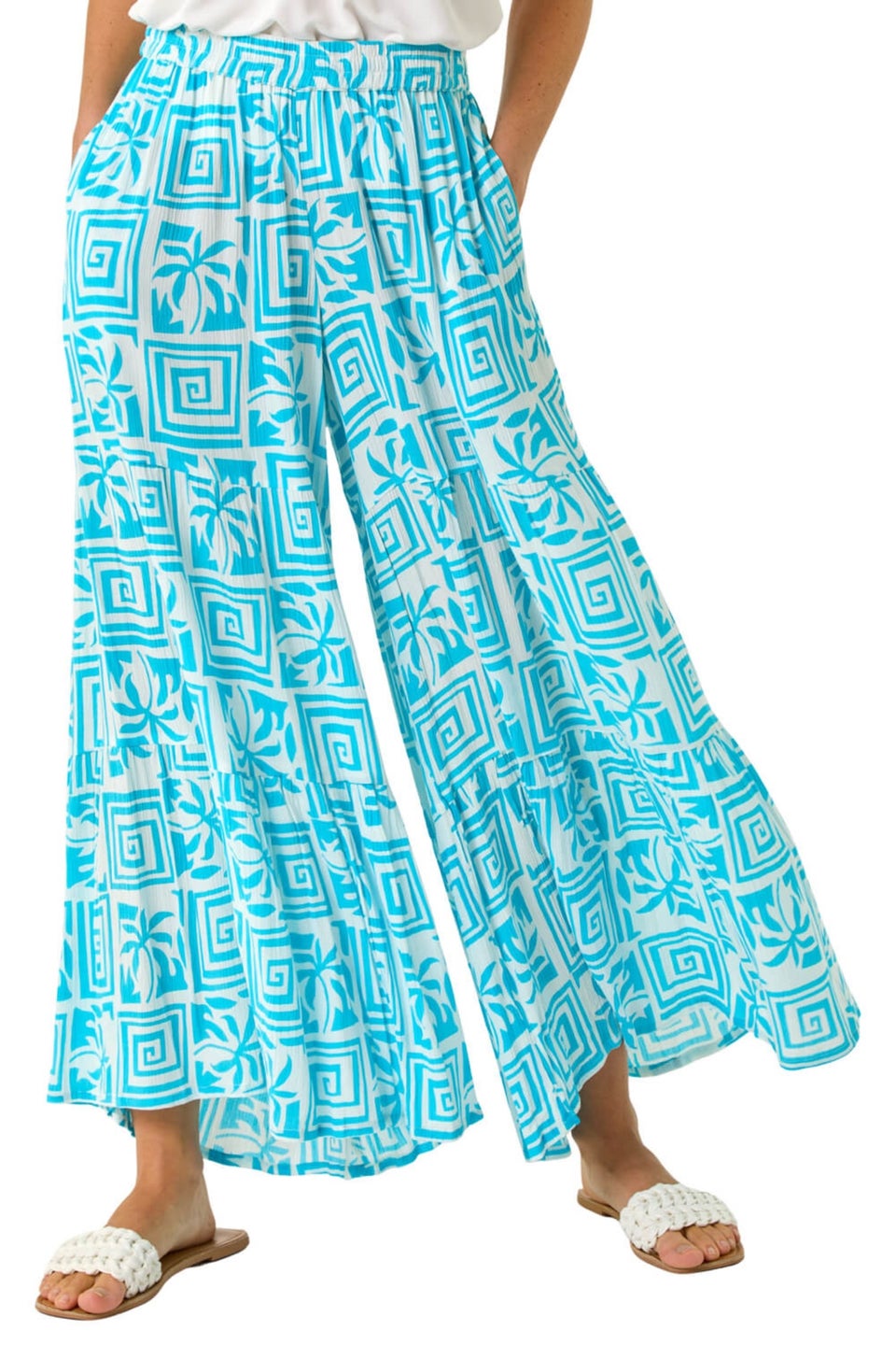 Roman Turquoise Palm Tile Print Tiered Palazzo Trouser