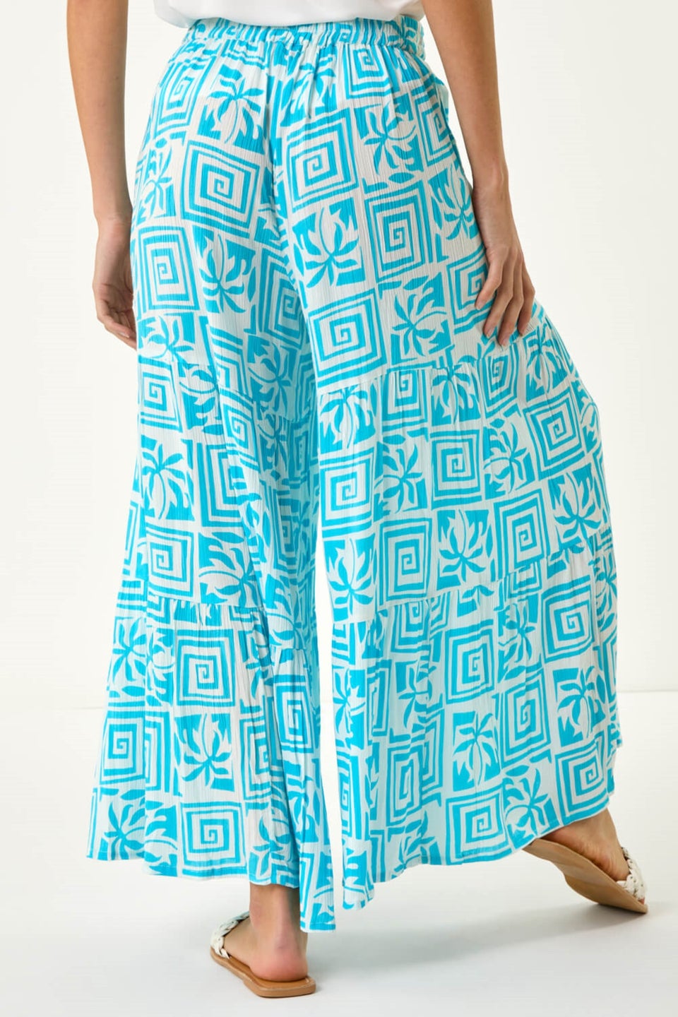 Roman Turquoise Palm Tile Print Tiered Palazzo Trouser