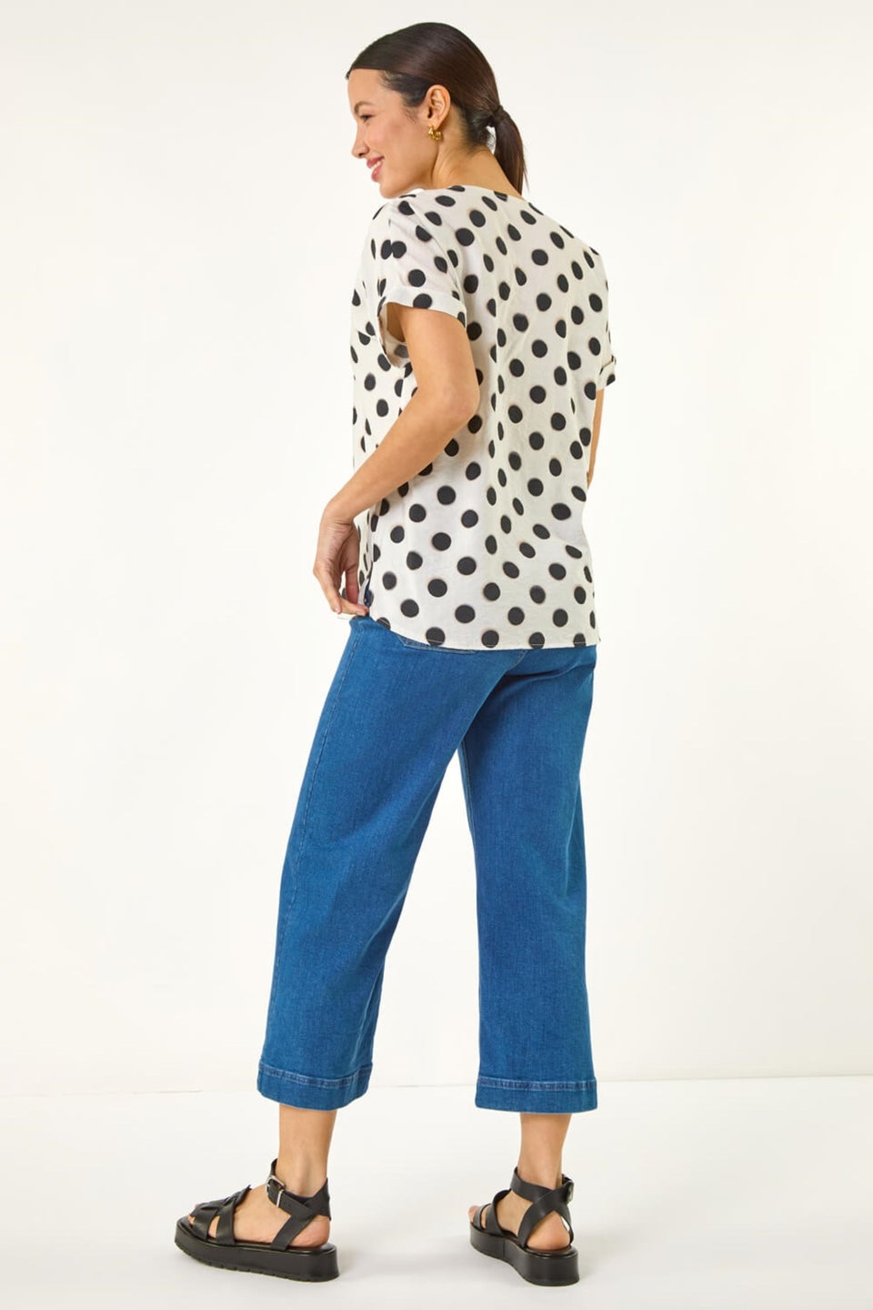 Roman Ivory Spotted Pleat Front V Neck Top