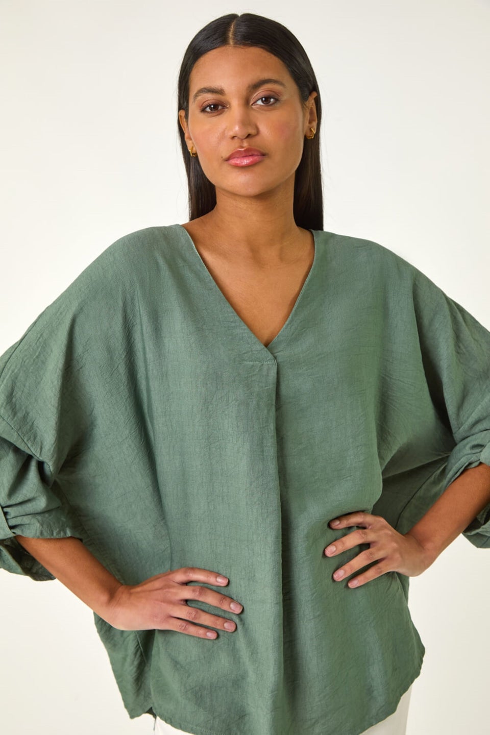 Roman Khaki Pleated V Neck Stretch Tunic Top
