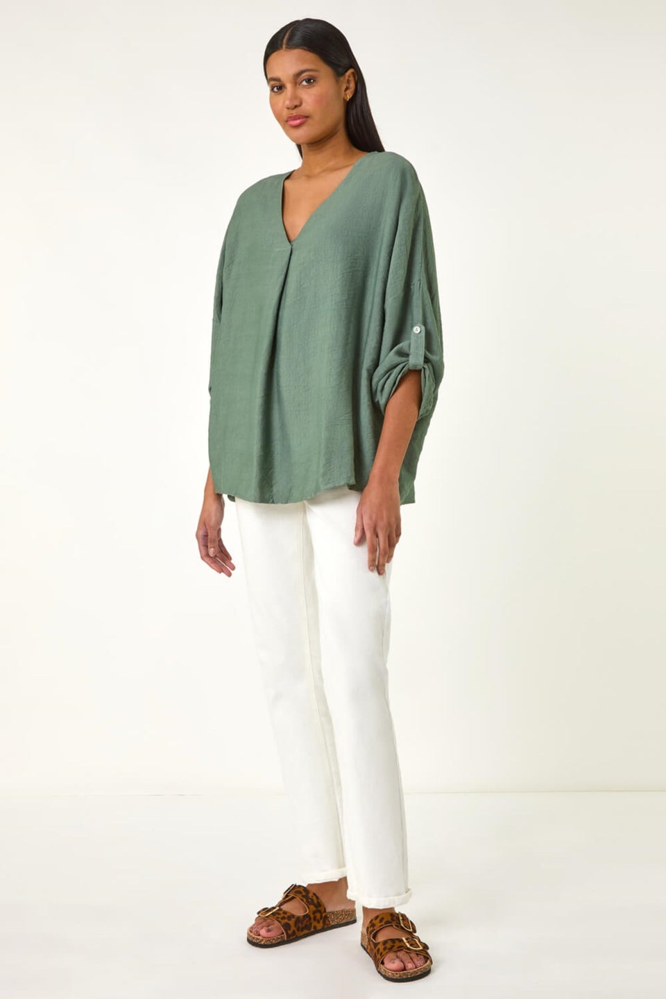 Roman Khaki Pleated V Neck Stretch Tunic Top