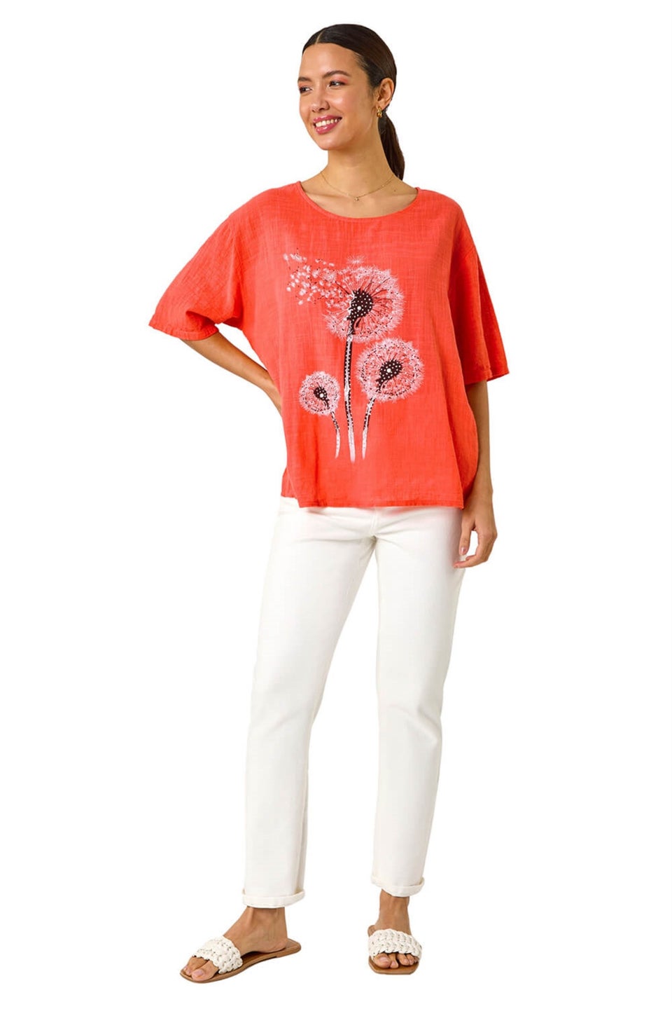 Roman Coral Dandelion Hotfix Tunic Top