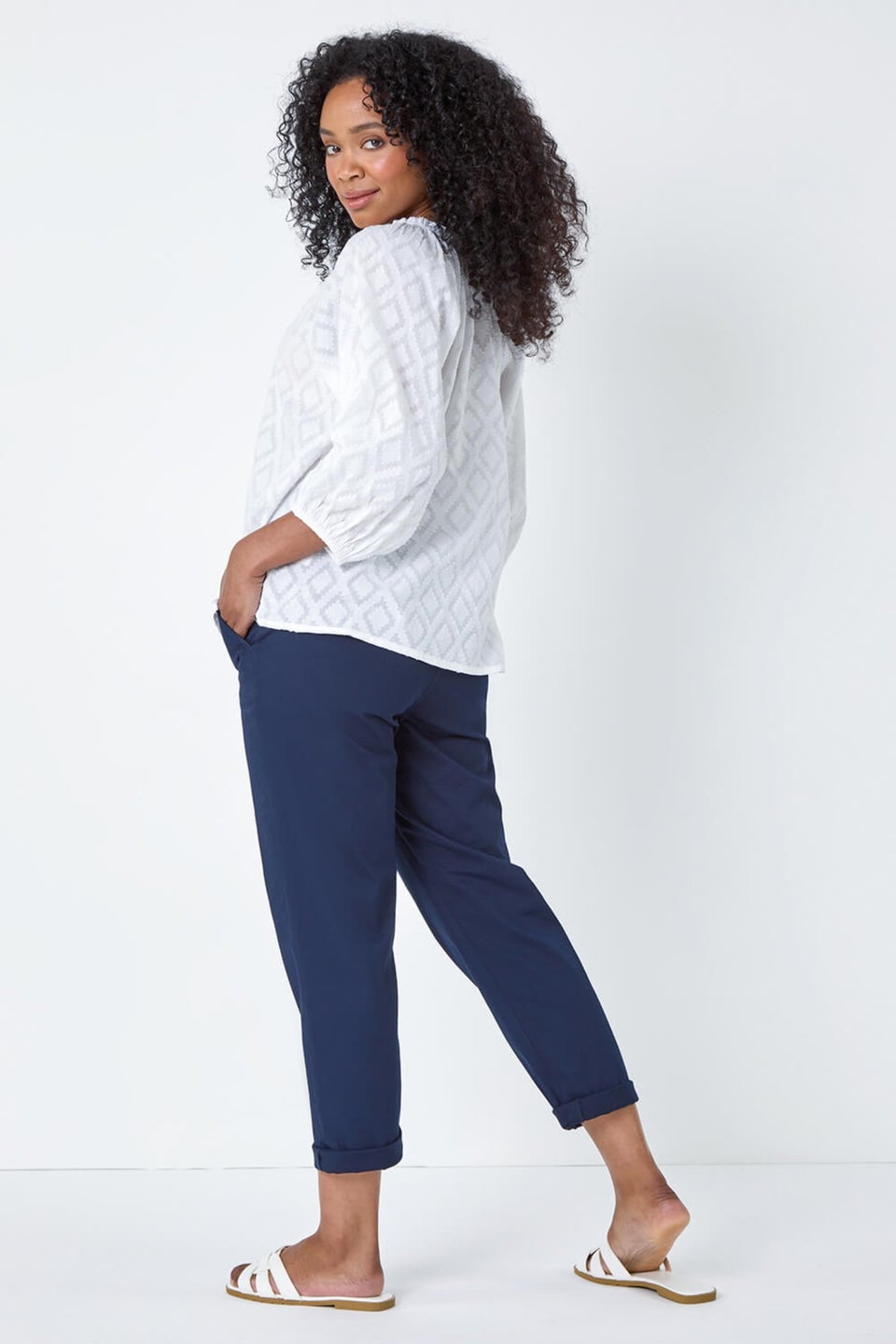 Roman White Petite Textured V Neck Cotton Blouse