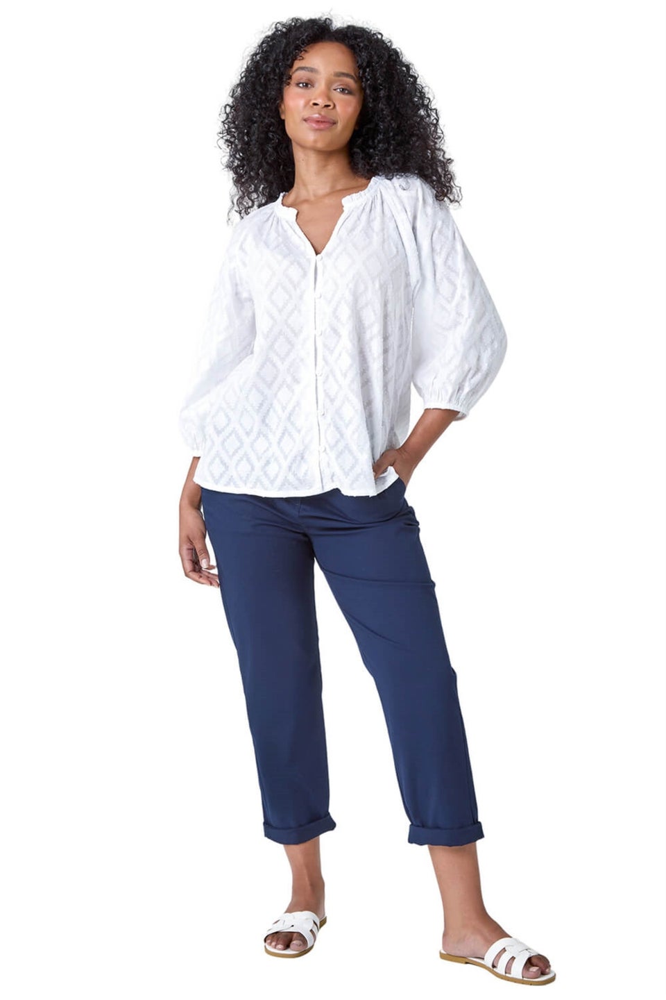Roman White Petite Textured V Neck Cotton Blouse