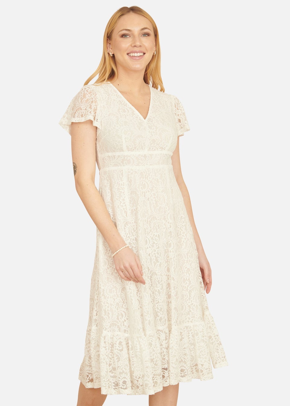 Yumi White Lace Midi Skater Dress