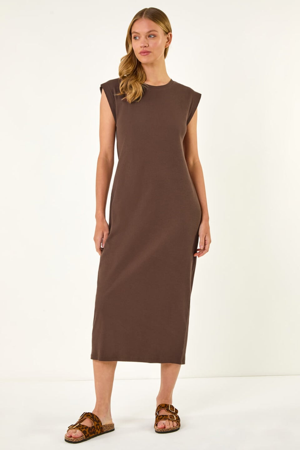 Roman Chocolate Ribbed Cap Sleeve Midi Dress