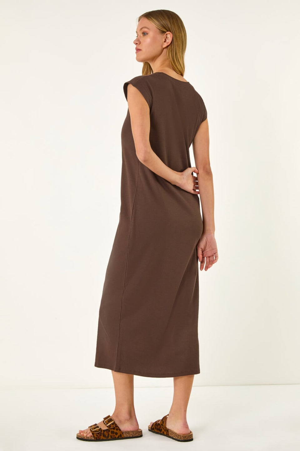 Roman Chocolate Ribbed Cap Sleeve Midi Dress