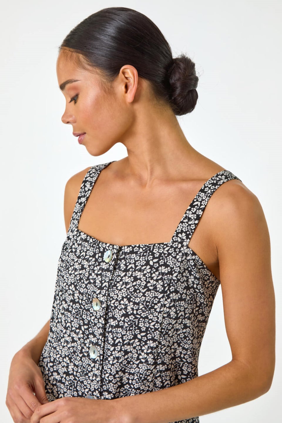 Roman Black Petite Floral Ditsy Button Dress