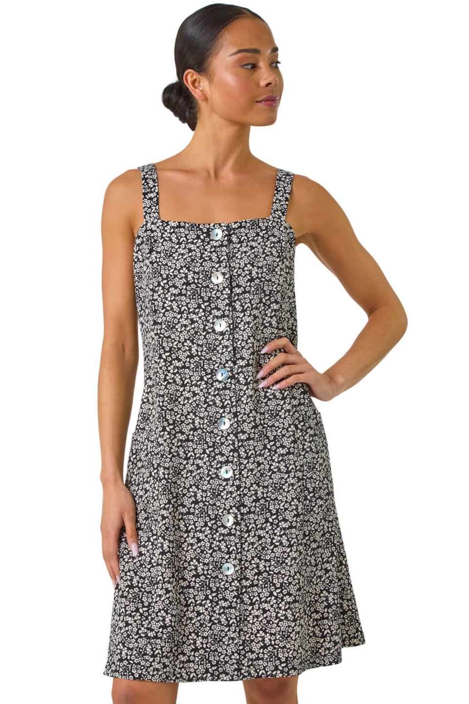 Roman Black Petite Floral Ditsy Button Dress