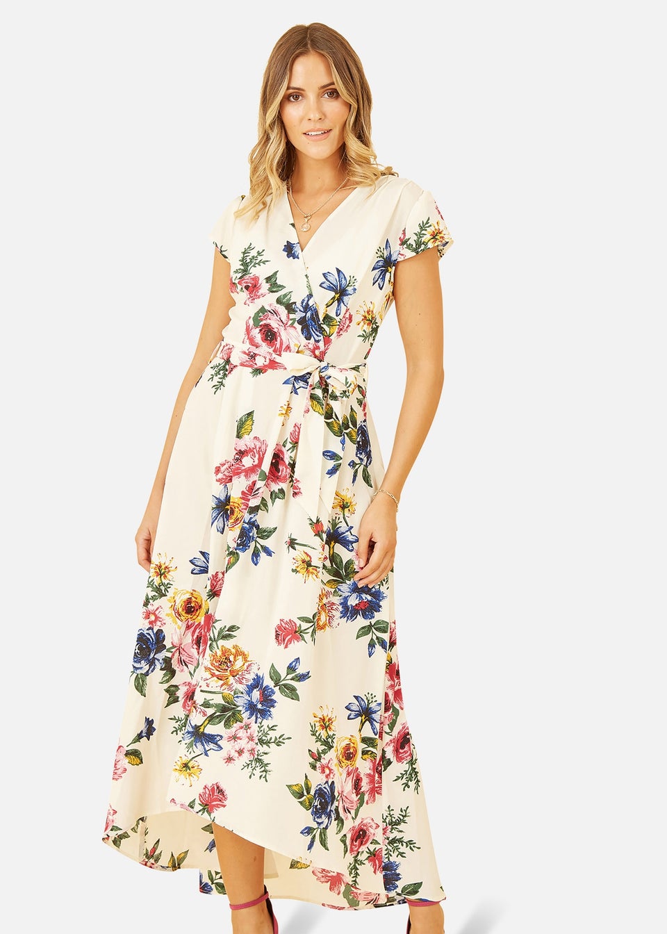 Yumi Ivory Floral Wrap Dip Hem Dress