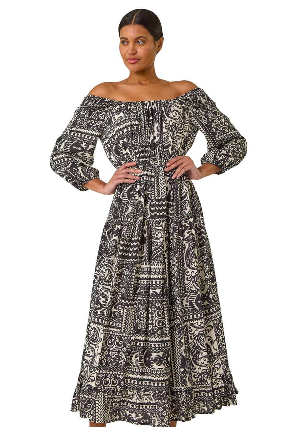 Roman Black Abstract Print Shirred Midi Dress