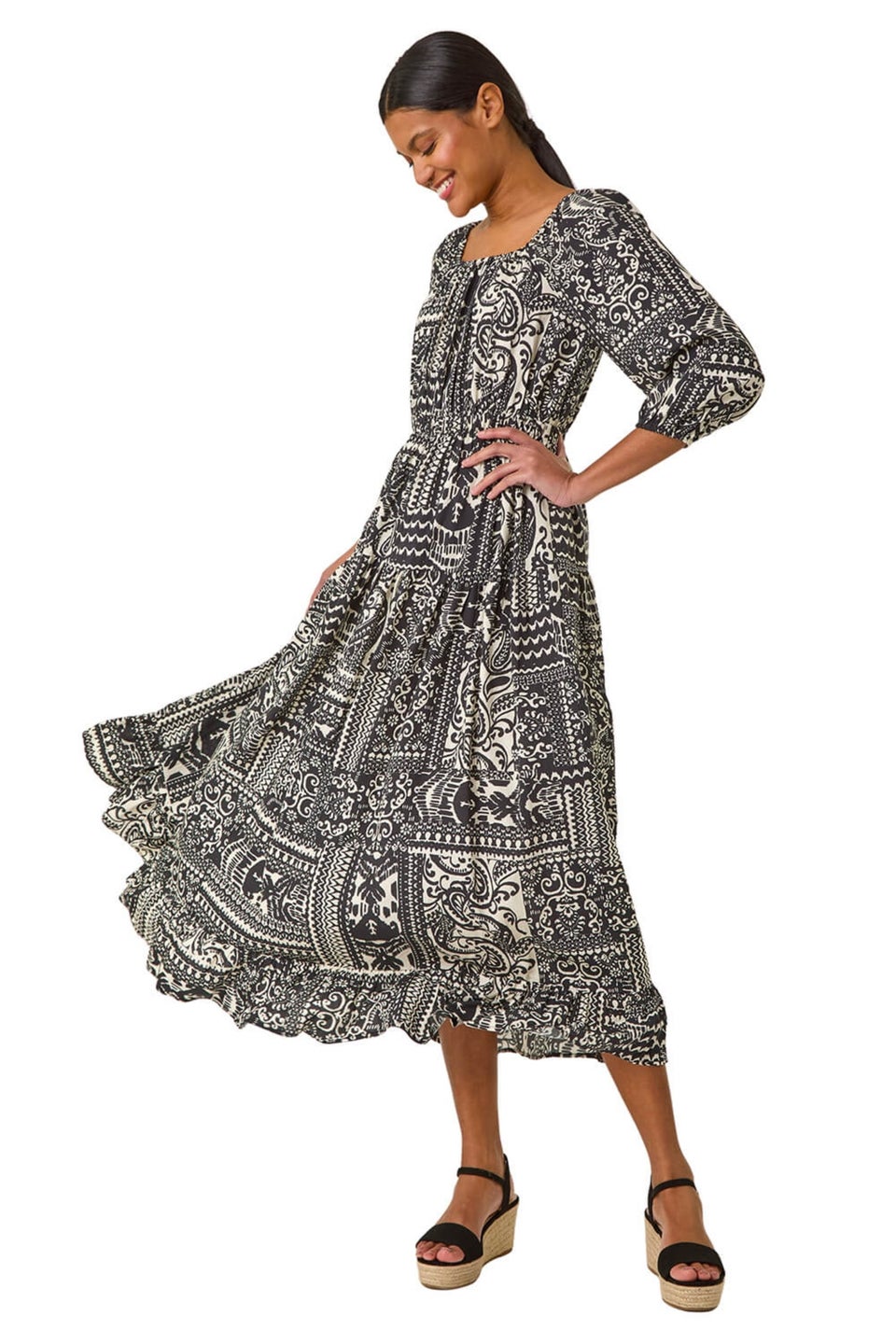 Roman Black Abstract Print Shirred Midi Dress