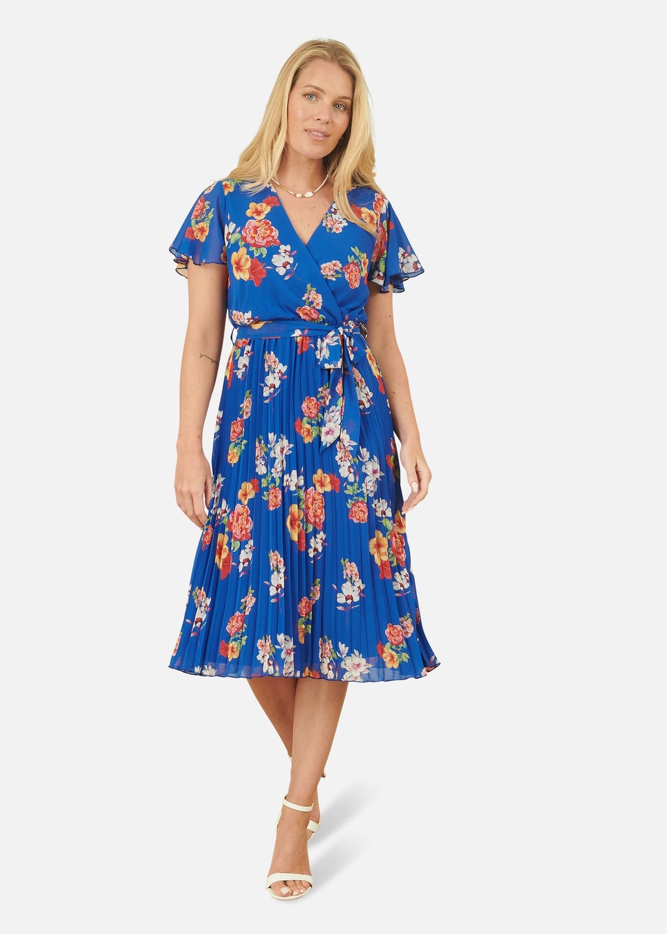 Yumi Blue Floral Pleated Wrap Dress