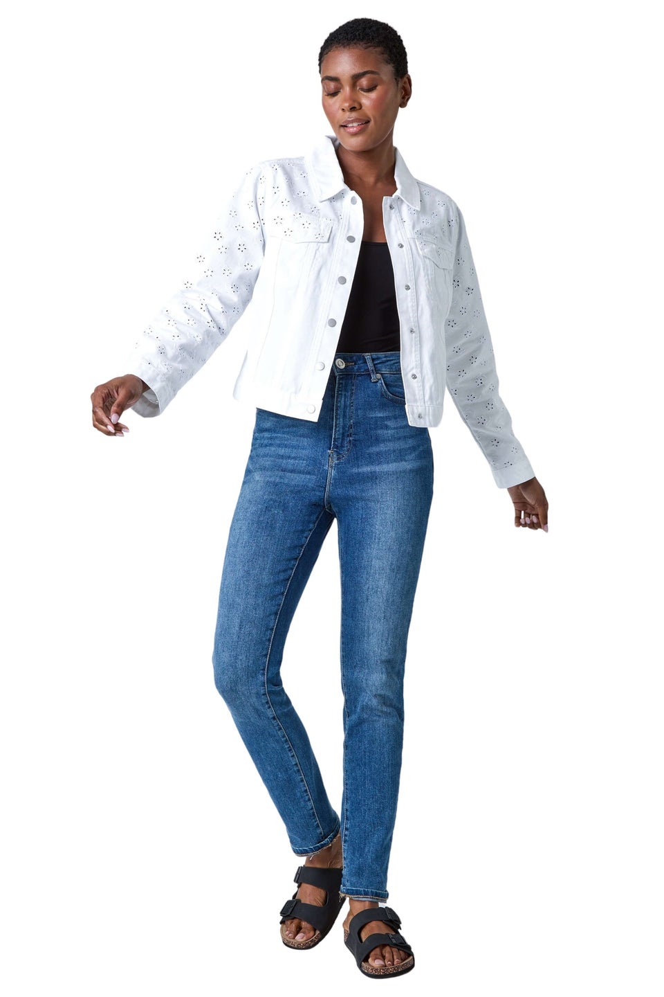 Roman White Cotton Blend Broderie Sleeve Jacket