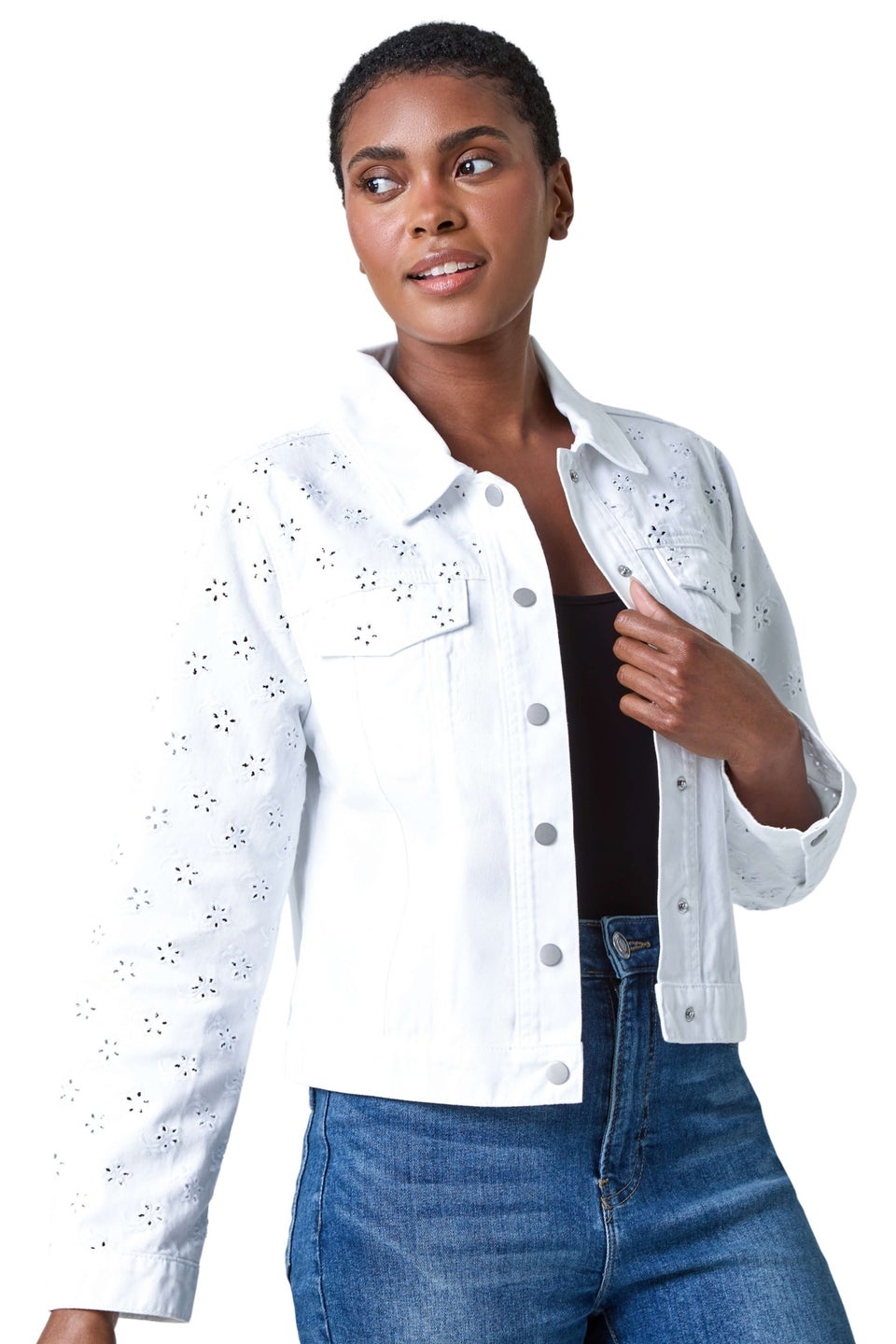 Roman White Cotton Blend Broderie Sleeve Jacket