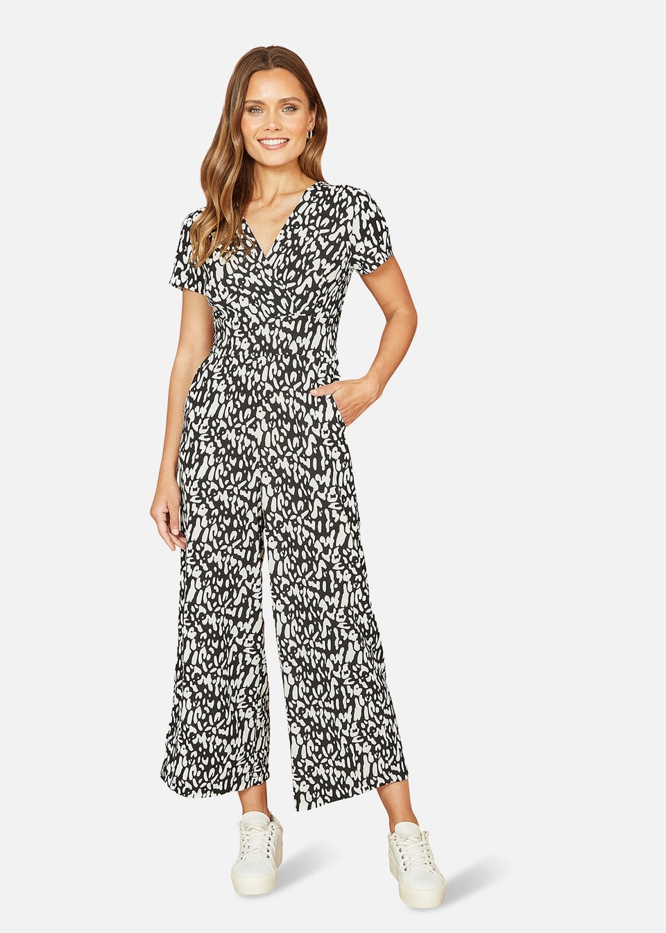 Yumi Black And White Wrap Over Stretch Jumpsuit