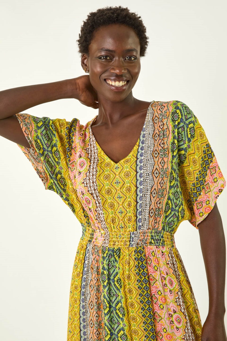 Roman Yellow Boho Stripe V Neck Maxi Dress