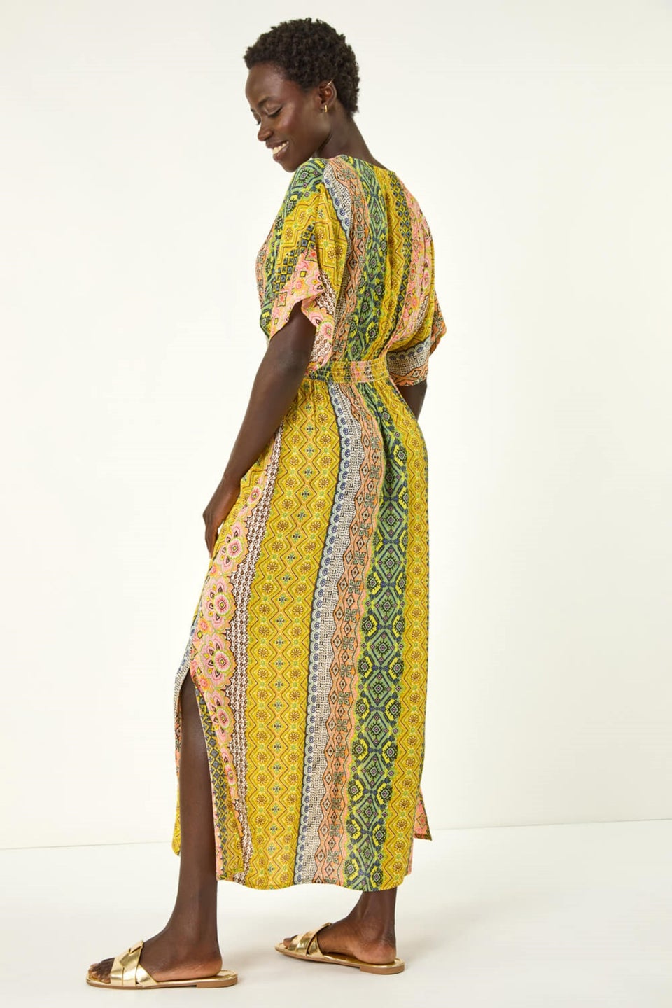 Roman Yellow Boho Stripe V Neck Maxi Dress