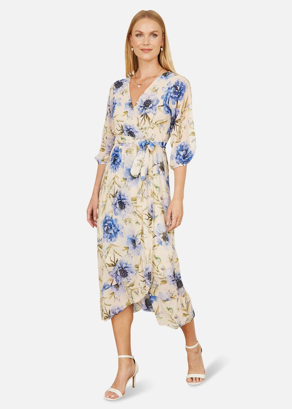 Yumi Cream Vintage Floral Wrap Midi Dress With Frill