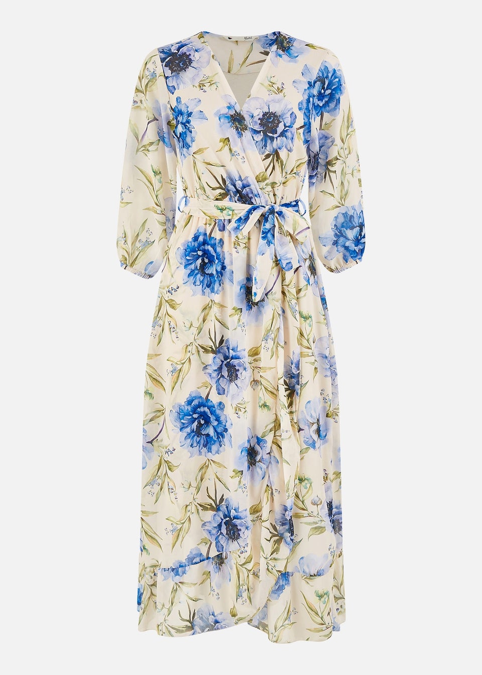 Yumi Cream Vintage Floral Wrap Midi Dress With Frill