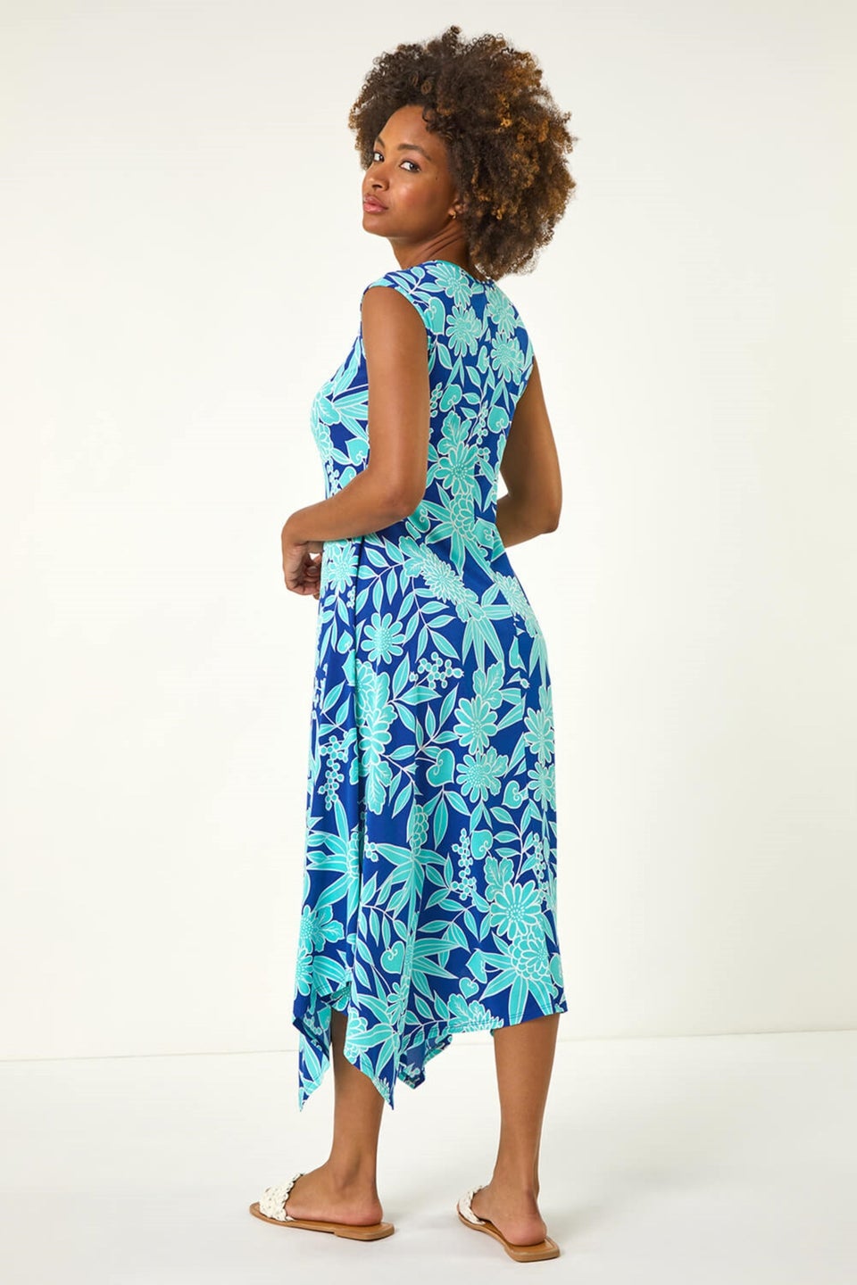 Roman Royal Blue Floral Puff Print Stretch Maxi Dress