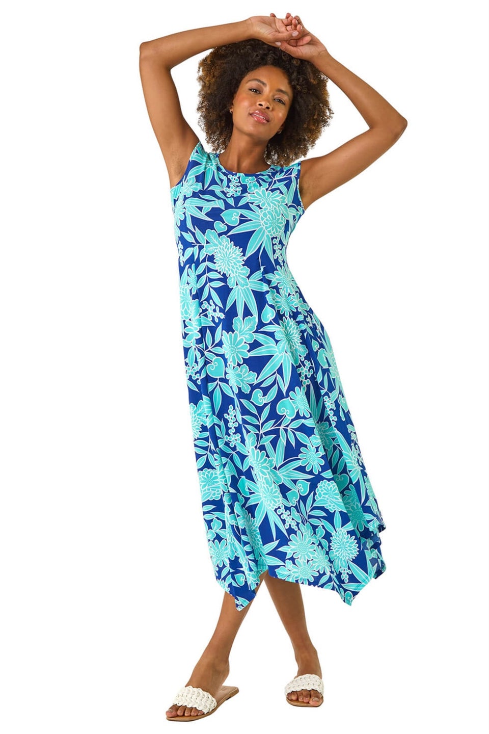 Roman Royal Blue Floral Puff Print Stretch Maxi Dress