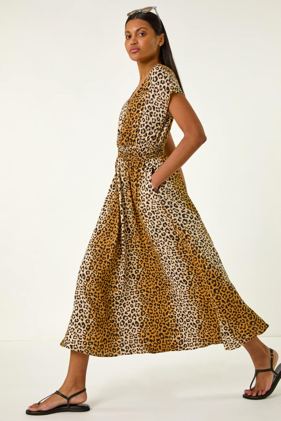 Roman Camel Animal Print Shirred Waist Maxi Dress